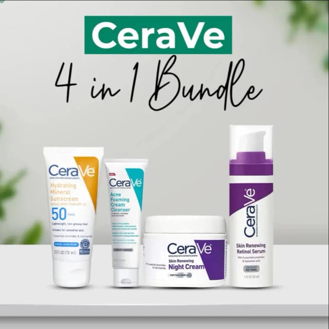 100% Original Cerave 4 In 1 Skincare Kit ( Night Cream, Sunblock, Cleanser & Serum ) For Radiant Skin