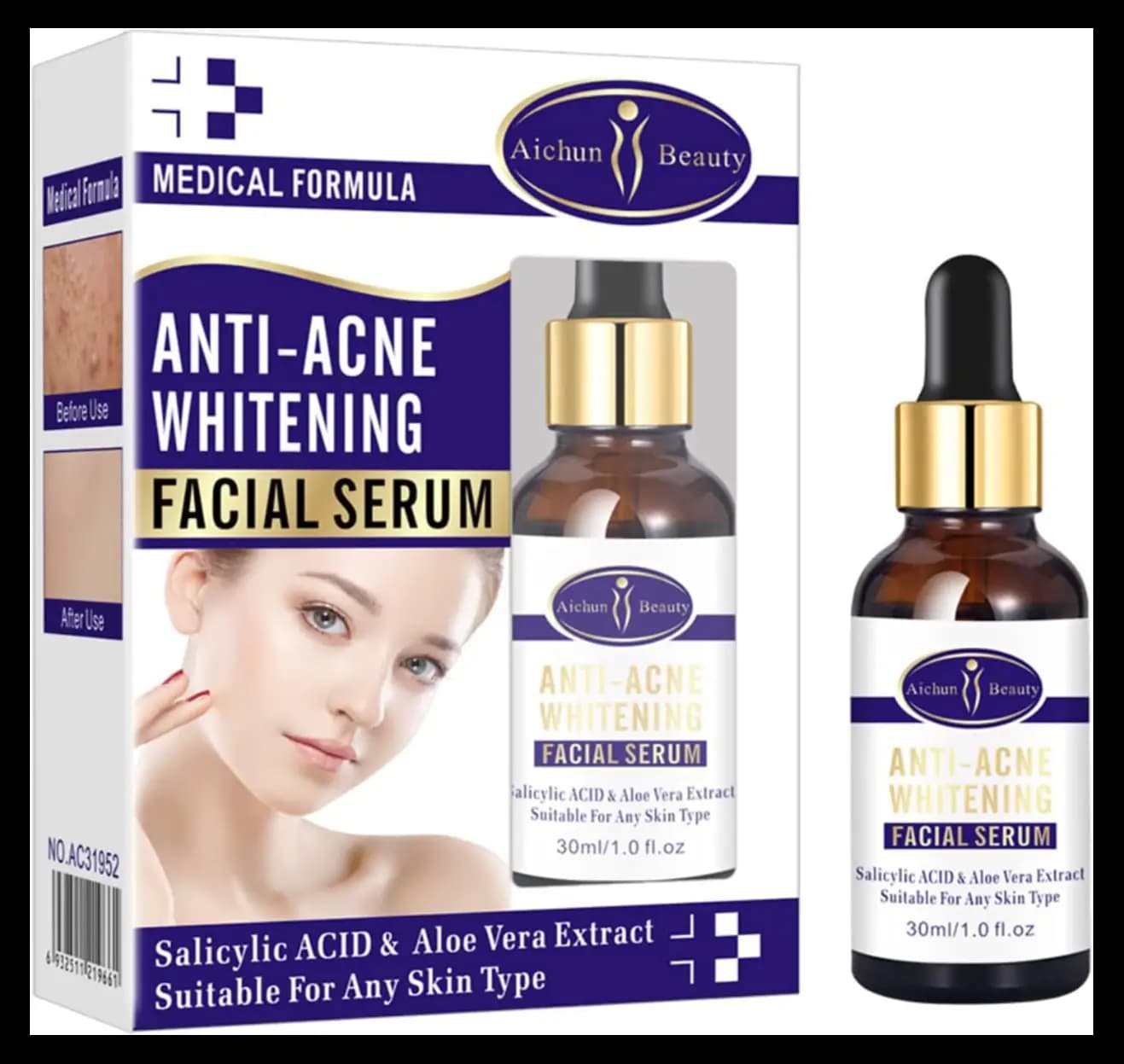 IMPORTED AICHUN BEAUTY Anti-Acne Facial Serum Aloe Vera Extract Salicylic Acid Repairs Damaged Skin 30ml